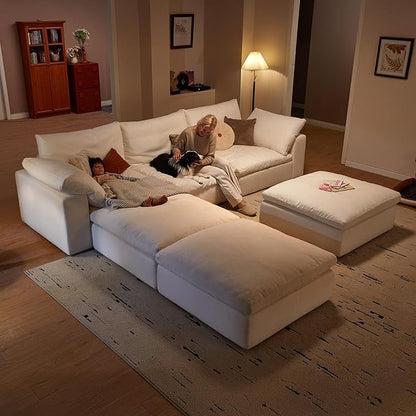 Modular Cloud Sofa, 141.7" Cloud Sectional Couches with Deep Seat, 4-Seat Couch with Ottoman for Living Room, Modern Comfy Couch with Washable Cover, Wide Armrest (White,4 Ottomans)