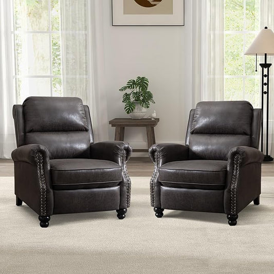 CANMOV Pushback Recliner Chair Set of 2, Faux Leather Armchair Push Back Recliner with Rivet Decoration Single Sofa Accent Chair for Living Room, Dark Grey