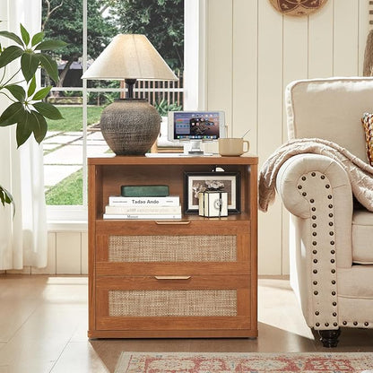 LEYAOYAO Rattan Nightstands Set of 2 with Charger Station, 23" Wide Boho Night Stand with 2 Drawers, Natural Wood Bedside Table Open Shlef, Bed Side End Table Dresser for Bedroom, Living Room Hallway