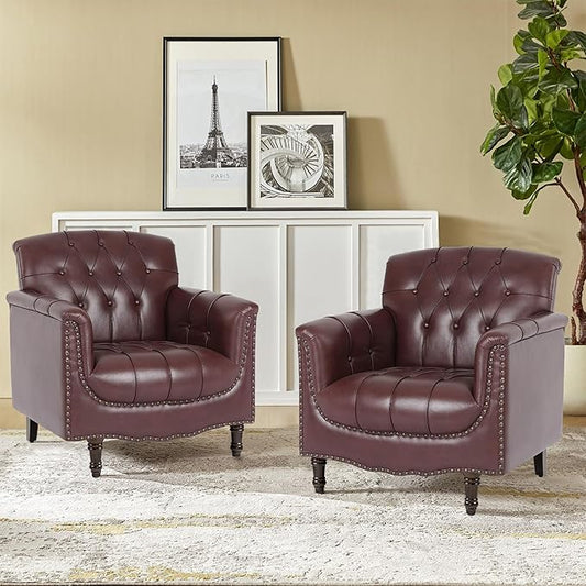 Pia Ricco Faux Leather Armchair Set of 2, Modern Accent Chairs with Nailhead Trim and Solid Wood Legs, Upholstered Comfort for Living Room, Office, Bedroom - Wine Red