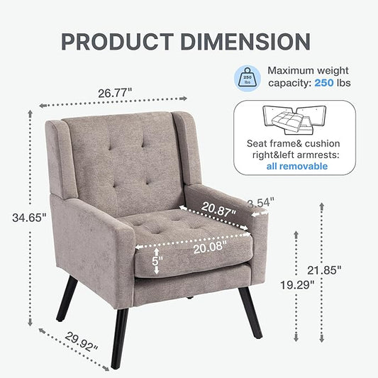 Mid-Century Modern Accent Chair Set of 2, Plush Linen Fabric with Button Tufted High Back & 5" Thick Cushion, High Comfort Reading Chair for Living Room, Bedroom, Office (Light Gray)
