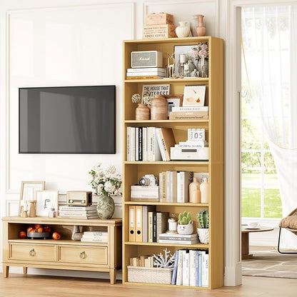 FOTOSOK 70.8" Tall Bookcase Shelf, 6 Tier Wide Bookshelf with Storage, Billy Bookcase Set of 2, Large Bookshelf for Living Room, Home Office, Natural