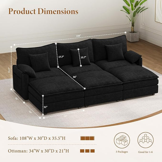 Vesgantti 108" Sectional Sleeper Sofa, 6-Seater Oversized Modular Cloud Couch with Movable Ottoman, Chenille Large Sofa Bed Convertible Deep Seat Couches for Living Room, Bedroom and Apartment, Black