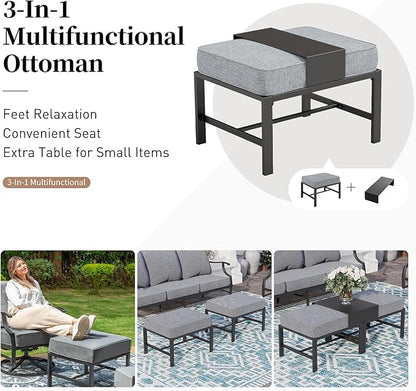 5 Piece Metal Outdoor Patio Furniture Set, Patio Conversation Sets 1 3-seater Sofa, 2 Fixed Chair, 2 Ottomans with 5.75" Thick Cushion, Black All-weather Frame Backyard Furniture, Gray