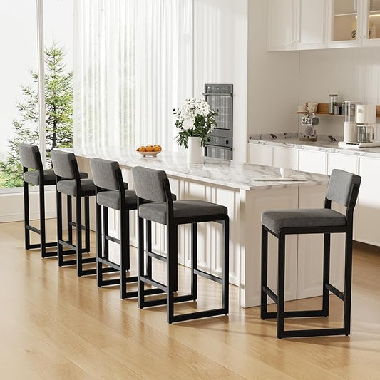 Bar Stools Set of 5, Fabric Counter Height Bar Stools with High Back and Metal Legs, Upholstered Bar Chairs, 26" Modern Barstools for Kitchen Island, Grey