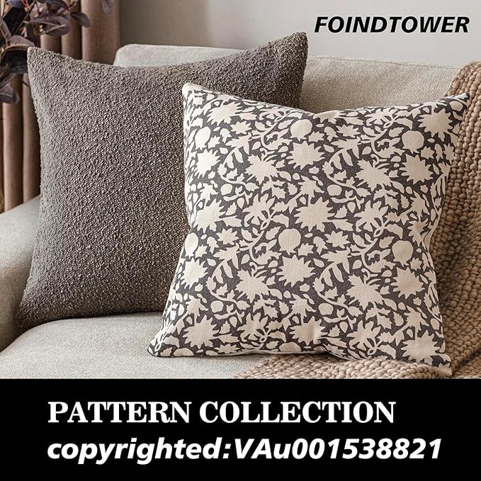 Foindtower Set of 2 Decorative Neutral Floral Throw Pillow Covers Accent Farmhouse Cushion Covers Boho Vintage Pillowcase for Couch Sofa Bedroom Living Room Home Decor,18×18 Inch,Rustic Gray