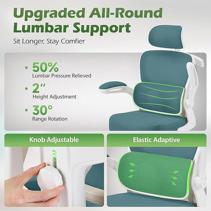 Office Chair Ergonomic Desk Chairs with Adjustable Lumbar Support& Headrest Hanger, High Back Breathable Mesh Chair with Wheels, Rolling Swivel Comfy Task Computer Chair for Home Work Gaming