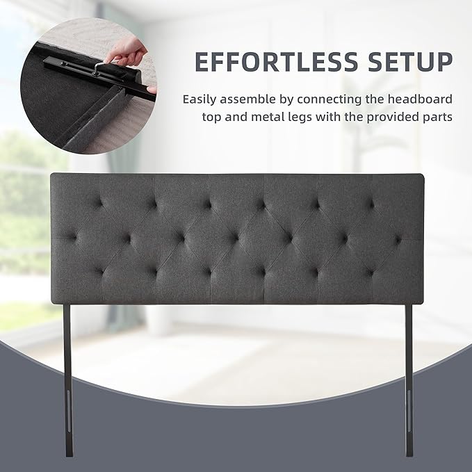 Linen Upholstered Headboard Twin Size, Diamond Tufting Solid Wood Twin XL Headboard Only, Adjustable Height from 37” to 51” Head Board, Dorm Bed Frame or Wall Mount Headboards, Dark Grey