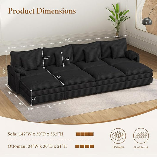 Vesgantti 142" Oversized Sectional Sofa Bed, 8-Seater Modular Sleeper Cloud Couch with Movable Ottoman, Corduroy Convertible Sofa Set Deep Seat Couches for Living Room, Bedroom and Apartment, Black