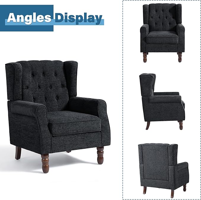 High Back Accent Chair, High Wingback Chair for Living Room, Button-Tufted Upholstered Fabric Armchair with Solid Wood Legs, Comfy Single Sofa Reading Chair for Bedroom, Dark Navy