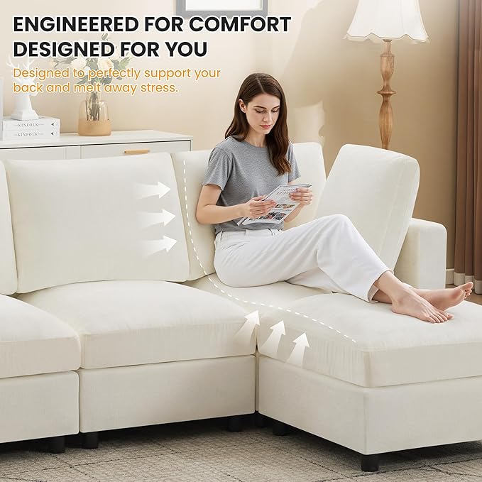 4-Seater Modular Sectional Cloud Sofa with Ottoman, Convertible L-Shaped Couch for Living Room, Modern Deep Seat Modular Sofa, Chenille Beige