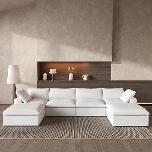 Cloud Couch Modular Sectional Sofa,160.6" Down Filled Sofa with Storage Ottoman,U Shaped Couch 6 Seater, White Convertible Sectional Sofa for Living Room,Covers Removable & Washable