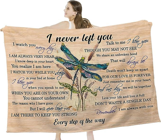 Dragonfly Blanket Memorial Sympathy Gifts for Girls Women Loved One I Never Left You Throw Blanket for Kids Adults Soft Warm Cozy Fleece Blanket for Couch Sofa Bed 60"x80"