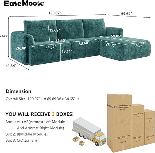 EASE MOOSE Sectional Cloud Couch for Living Room, Modular Boneless Sofa Large L-Shaped, Modern Cloud Sofa Set with Fluffy Foam, Oversized 4-Seater Deep Sofas with Ottoman for Bedroom, Chenille (Blue)