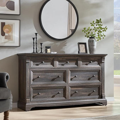 T4TREAM Farmhouse 7 Drawers Dresser for Bedroom, 54" Wide Wood Rustic Chest of Drawers w/Roman Column, Wooden Storage Dressers Organizer for Bedroom, Living Room, Closet, Dark Rustic Oak