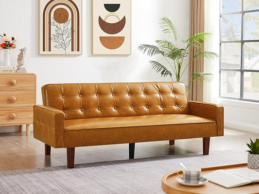 74" Loveseat Sofa with Vintage Button Tufting, Faux Leather Convertible Sleeper Futon Sofa Bed with Spring Cushion and Wood Legs for Apartments, Offices, Reception Areas, Living Rooms, Brown