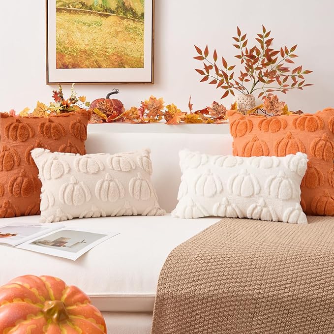 Kevin Textile Fall Pillow Covers 18x18 Inch Set of 2 Soft Pumpkins Decorative Square Pillowcases Plush Autumn Faux Fur Cushions Harvest Gift for Couch Sofa Chair Bedroom Home Decor, Cream White