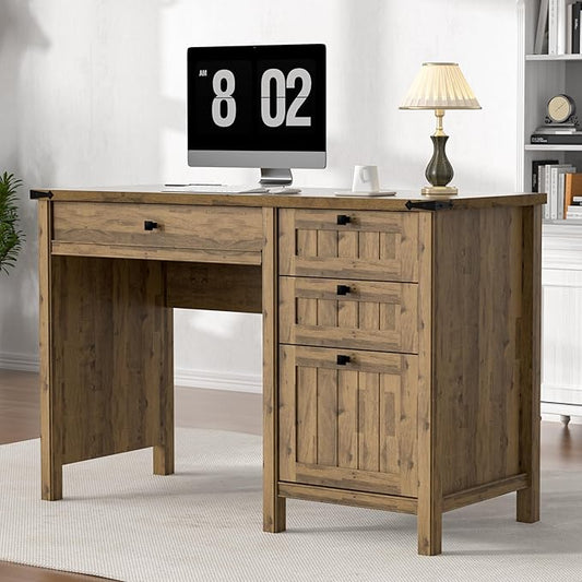 Executive Desk, Farmhouse Computer Desk with Drawers & Cabinet, Home Office Desk for Work Study Writing Workspace (Light Brown, 45")