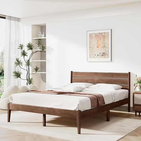 Full Bed Frame, Mid Century Platform Bed Frame with Ladder Headboard, Malaysian Oak Bedframe with Solid Wood Foundation, Noise-Free, Easy Installation, Full Size, Antique Espresso