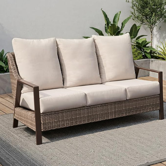Outdoor Patio Furniture - 2 Pcs Armchair, All-Weather Wicker Outdoor Conversation Set with 4.72" Olefin Thick Cushions for Deck, Porch, Balcony, Backyard, Beige