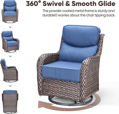 Swivel Patio Chairs Set of 3 with 6" Thick Cushion - Wicker Outdoor Swivel Rocker Patio Chairs with Side Table, High Back Comfortable Outdoor Glider Chairs - Brown Wicker Blue Cushion
