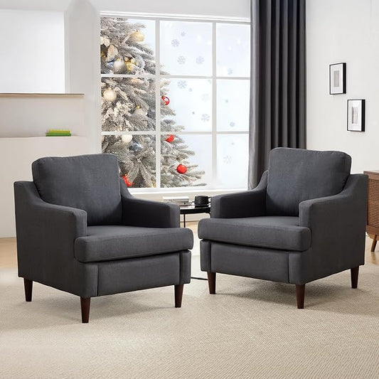 Mid-Century Accent Chair Modern Linen Fabric Armchair for Living Room,Comfy Upholstered Reading Chairs for Bedroom,Single Sofa Chair with Wood Legs (Darkgrey, Set of 2)