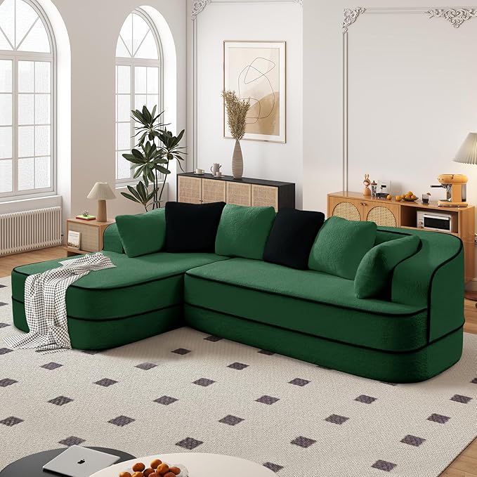 Cloud Sectional Sofa Modern Boneless Couch for Living Room, Comfy Deep Seat Comfy Teddy Fabric Double Sofa Chaise No Assembly Required (Green, 106" L Shape with Left Facing)