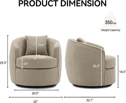 Swivel Accent Chair, Modern Upholstered Boucle Barrel Arm Chairs with Pillow for Living Room, 360 Degree Round Swivel Sherpa Armchair with Round Base for Bedroom Club (1, Light Brown)