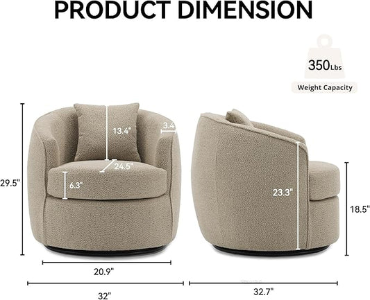 Swivel Accent Chair Set, Modern Upholstered Boucle Barrel Arm Chairs with Pillow for Living Room, 360 Degree Round Swivel Sherpa Armchair with Round Base for Bedroom Club (2, Light Brown)