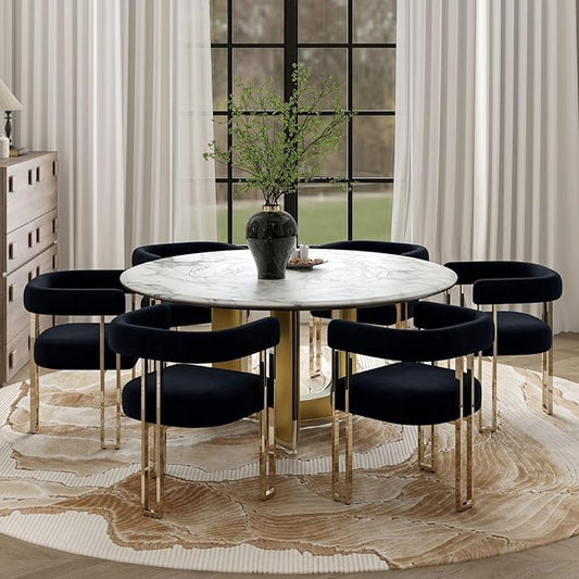 Set of 6 Black and Gold Modern Dining Chairs, Velvet Upholstered Barrel Armchairs with Metal Legs for Kitchen Island, Mid Century Accent Chairs for Dining Room Living Room, Open-Back
