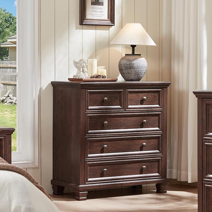 Farmhouse Bedroom Dresser and Nightstand Set of 4, 6 Drawer Tall & 5 Drawers Dresser & 2 Drawer Nightstand Set, Rustic Wood Bedroom Furniture Set for Livingroom, Hallway, Walnut