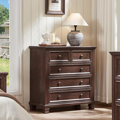 Farmhouse Bedroom Dresser and Nightstand Set of 4, 6 Drawer Low & 5 Drawers Dresser & 3 Drawer Nightstand Set with Wooden Legs, Rustic Wood Bedroom Furniture for Livingroom, Hallway, Walnut