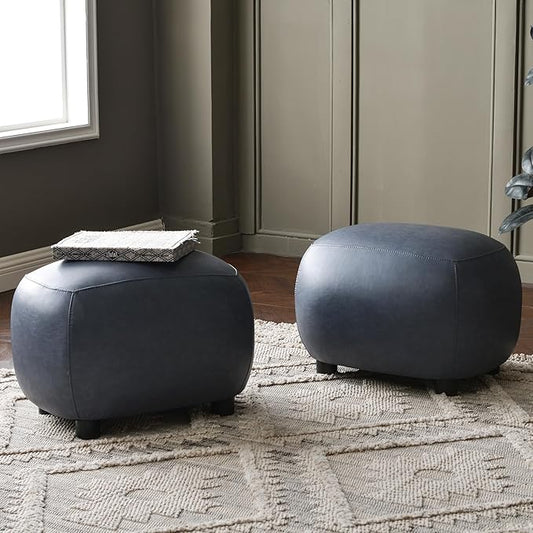KINWELL 23" Wide Faux Leather Upholstered Ottoman Set of 2, Mid-Century Modern Living Room Footrest with Soft Padded Seat, Footstool for Bedroom, Entryway or Living Room, Navy