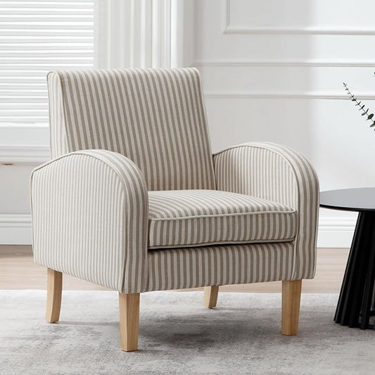 Striped Accent Chair for Living Room, Farmhouse Linen Upholstered Striped Arm Chair Seat Reading Chairs Bedroom Side Seating for Home Office, Beige with Stripe