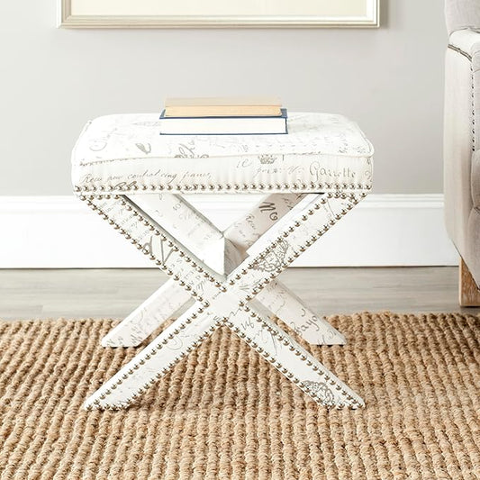 SAFAVIEH Home Collection Palmer Eggshell & French Writing with Silver Nailhead Trim X-Bench Ottoman Foot Stool, Fully Assembled (MCR4589J)