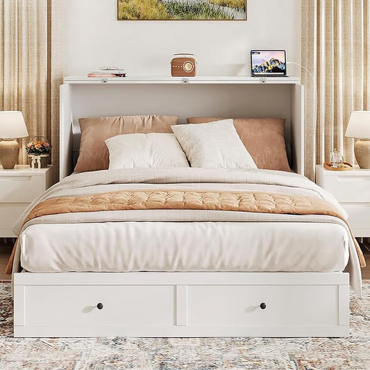 Full Size Murphy Bed with Charging Station & Drawer, Full Size Mobile Cabinet Bed Frame, Murphy Chest Bed for Bedroom, Guest Room
