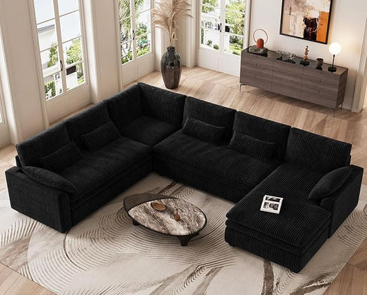 Belffin Large Modular Sectional Sofa with Deep Chaise, Corduroy U Shaped Couch with 9" Soft Dual-Layer 7 Seats Cushion for Living Room, Apartment, Black