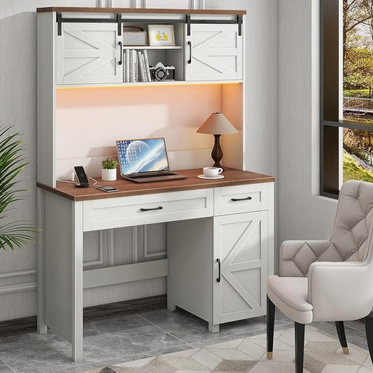 Vabches Farmhouse 47" Executive Desk, Computer Desk with 2 Drawers, Storage Cabinet and LED Light,Charging Hub, Home Office Desk with Hutch, Workstation for Home Office and Study.(Unique White)