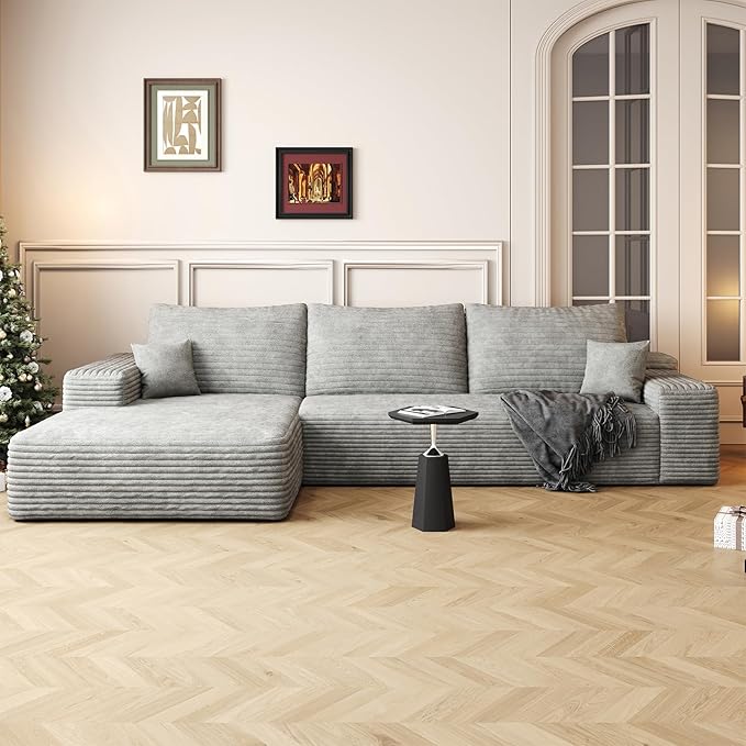 107.5" Boneless L-Shaped Modular Sectional Sofa Couches for Living Room, Corduroy Upholstered Couch with Deep Seat, Large 2-Seater Cloud Sectional Couch, No Assembly, (Grey, Left Facing Chaise)