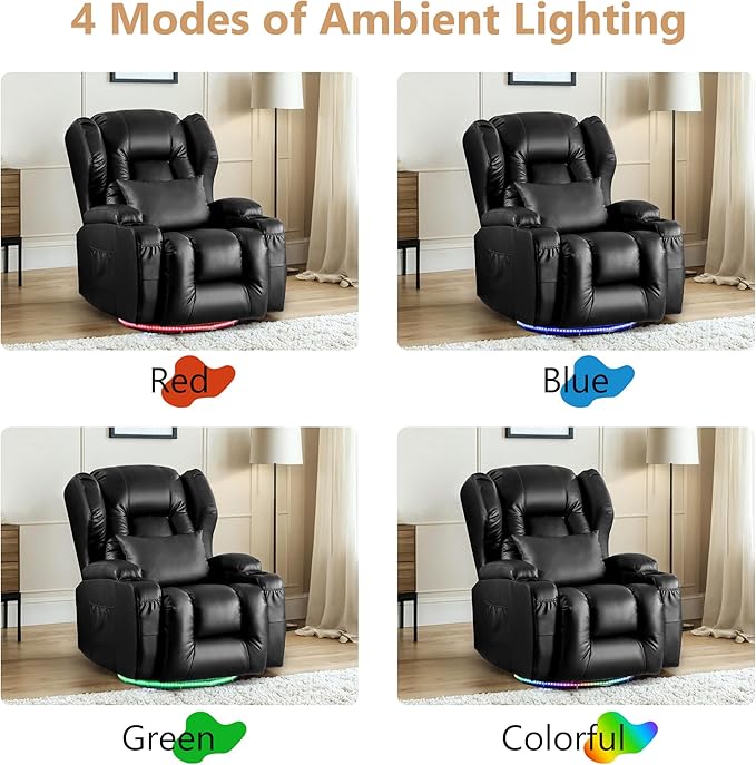 Power Swivel Rocker Recliner Chairs, Electric Wall Hugger Reclining Sofa with Massage & Heat, Comfy Theater Seating Single Chair with LED Light/USB/Type-C Ports (Leather Black, Single Chair)