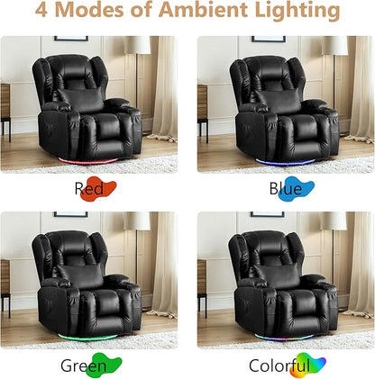 Power Swivel Rocker Recliner Chairs, Electric Wall Hugger Reclining Sofa with Massage & Heat, Comfy Theater Seating Single Chair with LED Light/USB/Type-C Ports (Leather Black, Single Chair)