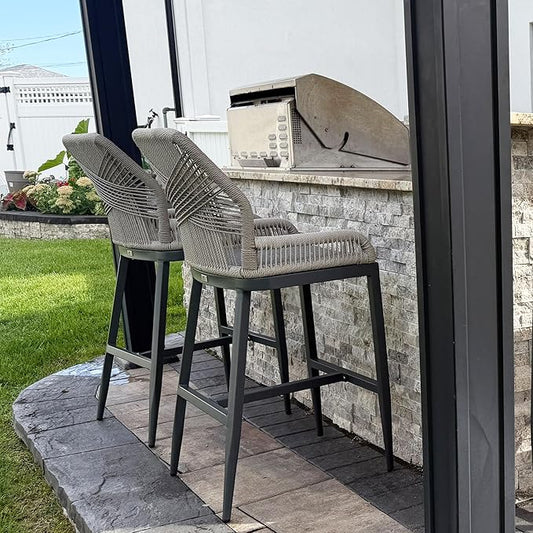 PURPLE LEAF 2 Pieces Bar Stools Patio Modern Rattan Barstools Aluminum Woven Tall Bar Chairs with Cushions for Outdoor Kitchen Island Garden