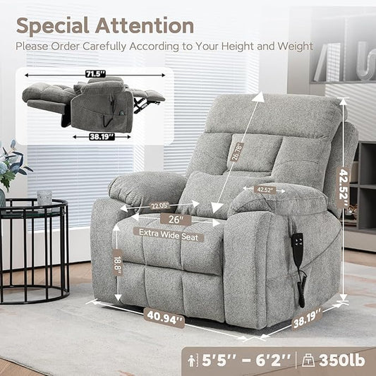 Large Power Lift Chairs Recliners for Elderly with Heated and Massage, Lazy Boy Recliner Chair with 26in Extra Wide Seat, Hidden Cup Holder, Side Pocket
