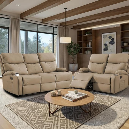 Manual Recliner Sofa Set Anti-Scratch 3 Seats Reclining, Sofa Couches with Side Pocket and Cupholders Wall Hugger Leather Couch for RV Living Room Home Theater Bedroom Apartment