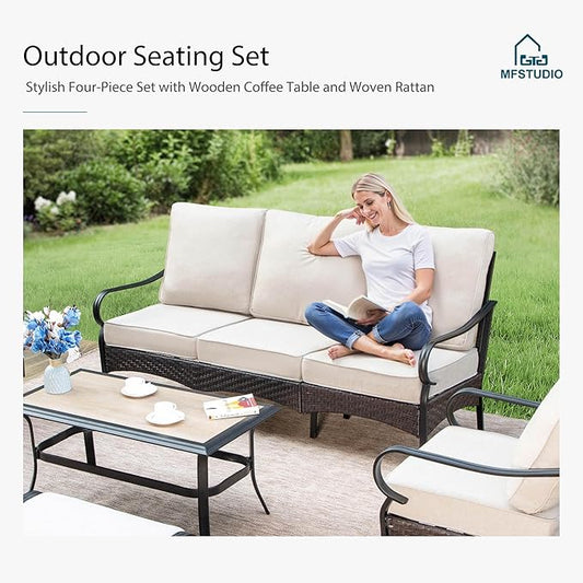 MFSTUDIO 7 PCS Outdoor Patio Furniture Set, Metal Outdoor Conversation Set, Rattan Wicker Patio Sectional with 2 x Fixed Single Sofa, 2 and 3-Seat Sofa, 2 x Ottoman, 1 x Coffee Table, Beige