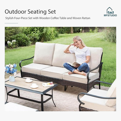 MFSTUDIO 6 PCS Outdoor Patio Furniture Set, Metal Outdoor Conversation Set, Rattan Wicker Patio Sectional Sofa Set with 2 x Swivel Single Sofa, 3-Seat Sofa, 2 x Ottoman, 1 x Coffee Table, Beige
