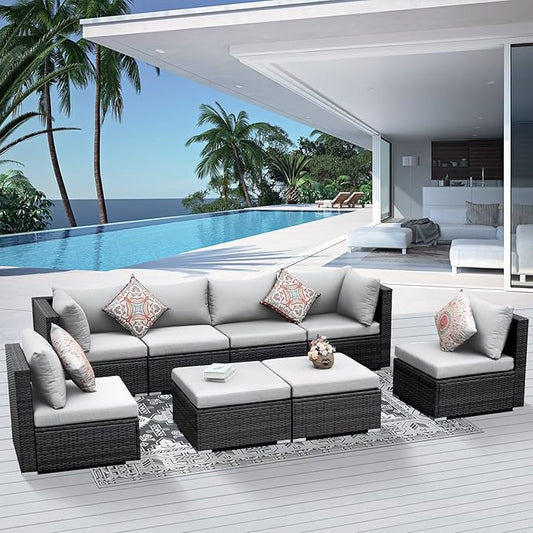 NICESOUL 8 Person Outdoor Patio Furniture Set, Extra Large Wicker Sectional Sofa with Ottoman, All-Weather Wide and Deep Seating Conversations for Outside Garden, 29.3'' High Back Comfy Couches,Grey