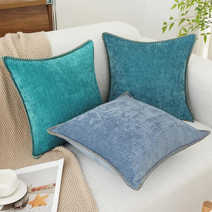 decorUhome Chenille Soft Throw Pillow Covers 24x24 Set of 2, Farmhouse Velvet Neutral Decorative Euro Pillow Covers with Stitched Edge for Couch Sofa Bed Home Decor, Blue