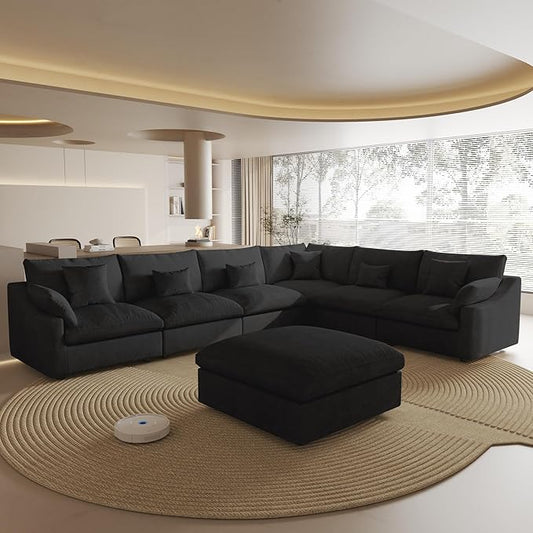 Modular Cloud Sofa, 154" Cloud Sectional Couches with Deep Seat, Linen U-Shape 6-Seater Couch with Ottoman for Living Room, Washable Cover, Wide Armrest in Black