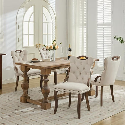 Velvet Dining Chairs Set of 4, Solid Wood Handles, Wooden Upholstered Dining Chair, Vintage Copper Nail Decoration, Mid Century Modern Kitchen Chair (Beige, Set of 4)